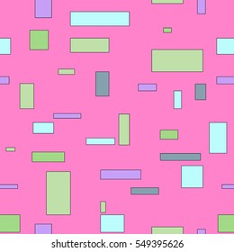 Geometric Seamless Bright Pattern. Funny Abstract Texture with Rectangles in Memphis Style for Textile, Paper, Fabric