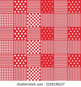Geometric seamless checked red and white pattern with dotted, checkered, striped, star, and triangle shapes. Simple colorful design for holidays texture, background, decoration, web, or print design