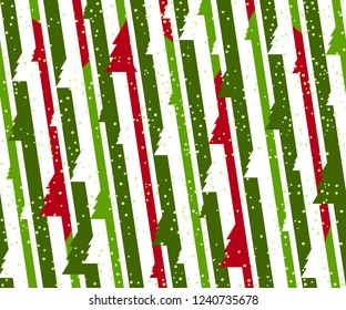 Geometric Seamless Christmas pattern with Christmas trees. Background of colored stripes. Vector background for fabric, textile, wallpaper, posters, gift wrapping paper, napkins. Print for kids