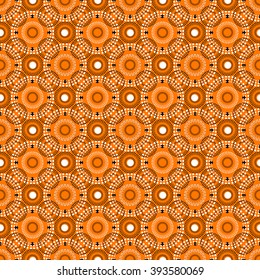 Geometric seamless circular pattern, mandala, black and white, big and small circles on an orange background, vector.