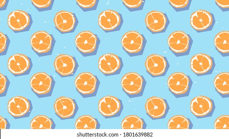 Geometric seamless citrus background. Oranges lie on the surface, casting a shadow. View from above. Torn or cut paper elements. Abstract wrapping paper design. Vector flat cartoon illustration.