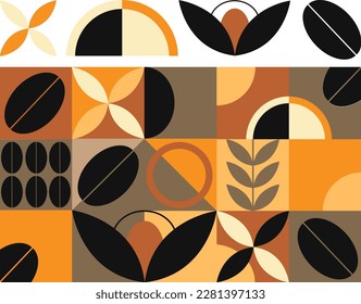 Geometric seamless coffee design pattern, with simple shapes and shapes.  Abstract vector pattern in a minimalistic style, coffee tones, for branding, packaging, paper, web banner, business, fashion. 