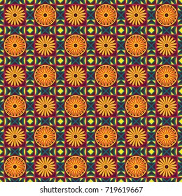 Geometric seamless colorful ornate vector pattern with stylized flowers, lines and circles