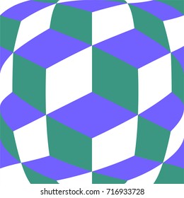 Geometric, seamless cubes background. Distorted cubes pattern. Green and purple colors.