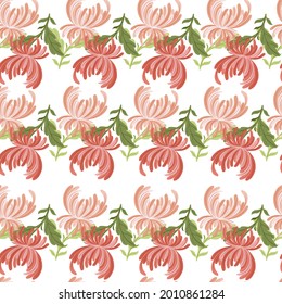 Patrón de doodle geométrico sin soldadura con flores de crisantemo rosado impreso. Fondo floral aislado. Estilo sencillo. Impresión vectorial plana para textiles, tela, giftwrap, papel pintado. Ilustración sin fin.