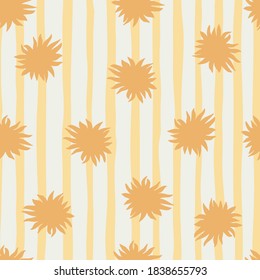 Geometric seamless doodle pattern with simple star hand drawn forms. Striped backgrund with grey light lines. Orange palette print. For fabric design, textile, wrapping, cover. Vector illustration.