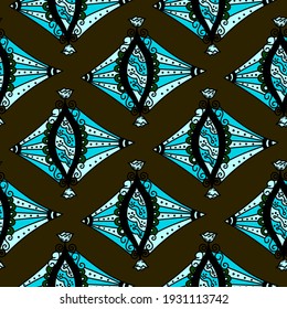 Geometric seamless doodle pattern with unusual diamonds in blue tones with lily of the valley flowers on a brown background