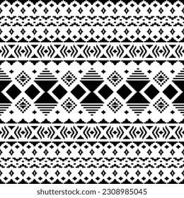 Patrón étnico sin costuras geométricas. Estilo de las tribus azteca y navajo con patrón de píxeles. Ornamento de borde. Colores en blanco y negro. Diseño para textiles, tela, ropa, cortina, alfombra, adorno, fondo.