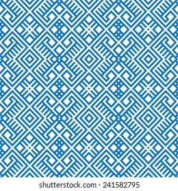 geometric seamless ethnic pattern background in blue and white colors, vector illustration 