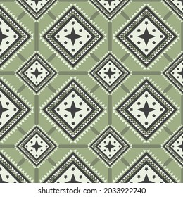 Patrón geométrico tradicional sin fisuras de tipo étnico en el estilo de rectángulo de baño y en el zigzag de línea de franja de paso. Color del tono verde. Moqueta vectorial de fondo de tela de diseño.