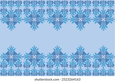 Geometric seamless fabric pattern, European native damask pattern, dark blue, light blue flowers, light blue background, vector illustration, wallpaper border