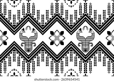Geometric seamless fabric pattern with graceful peacock motif, mixed with tribal, black and white, vector for textile printing and digital paper.