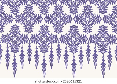 Padrão geométrico de tecido sem costura. Padrão floral de damasco roxo sobre fundo branco. Ilustração, vetor, papel de parede, design,