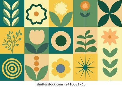 Geometric seamless floral eco pattern. Natural mosaic background with flowers, plants and simple forms. Neo geo art. Swiss style.