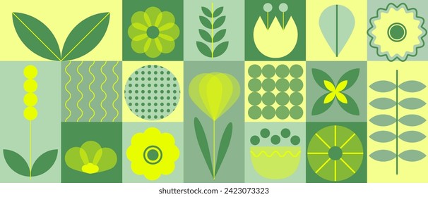 Patrón ecológico floral sin soldadura geométrico en paleta verde. Fondo de mosaico con flores, plantas y formas simples al estilo Bauhaus. Plantas de flores naturales, concepto ecológico abstracto. Banner mínimo del vector