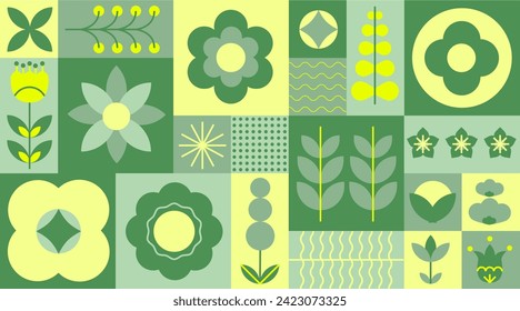 Geometric seamless floral eco pattern in green palette. Mosaic background with flowers, plants and simple shapes in Bauhaus style. Natural flower plant, abstract eco concept. Vector minimal banner