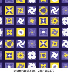 Geometric seamless floral eco-pattern in yellow purple palette. Natural mosaic background with flowers, plants, simple shapes in Bauhaus style. Neo-geo art. Swiss style.