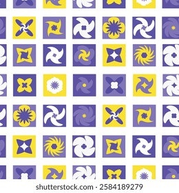 Geometric seamless floral eco-pattern in yellow purple palette. Natural mosaic background with flowers, plants, simple shapes in Bauhaus style. Neo-geo art. Swiss style.