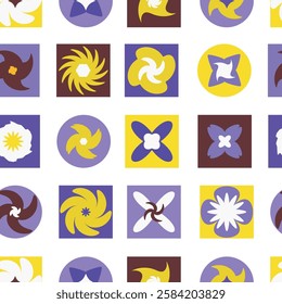 Geometric seamless floral eco-pattern in yellow purple palette. Natural mosaic background with flowers, plants, simple shapes in Bauhaus style. Neo-geo art. Swiss style.