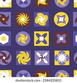 Geometric seamless floral eco-pattern in yellow purple palette. Natural mosaic background with flowers, plants, simple shapes in Bauhaus style. Neo-geo art. Swiss style.