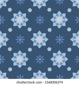 Geometric seamless flower pattern on dark blue. Vector repeat floral background for cover, wallpaper, scrapbooking, print, textile, wrapping design. 