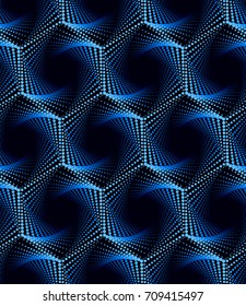 Geometric Seamless Fractal Pattern in Blue Tones. Hexagonal Grid. Modern Vector Background without Transparency. 
