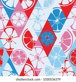 Geometric seamless fresh fruits pattern on colorful rhombus background. Abstract set of bright fresh citrus slices of orange, grapefruit, lemon, lime. Vector 10 EPS use for package, print textile.