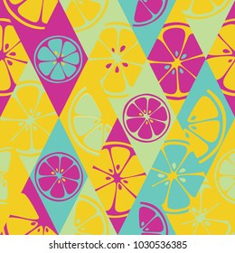 Geometric seamless fresh fruits pattern on colorful rhombus background. Abstract set of bright fresh citrus slices of orange, grapefruit, lemon, lime. Vector 10 EPS use for package, print textile.