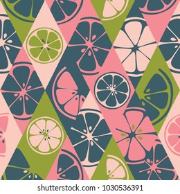 Geometric seamless fresh fruits pattern on colorful rhombus background. Abstract set of bright fresh citrus slices of orange, grapefruit, lemon, lime. Vector 10 EPS use for package, print textile.