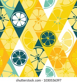 Geometric seamless fresh fruits pattern on colorful rhombus background. Abstract set of bright fresh citrus slices of orange, grapefruit, lemon, lime. Vector 10 EPS use for package, print textile.