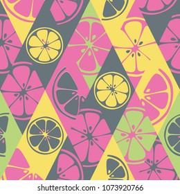 Geometric seamless fresh fruits pattern on colorful rhombus background. Abstract set of bright fresh citrus slices of orange, grapefruit, lemon. Vector illustration use for package, print textile.