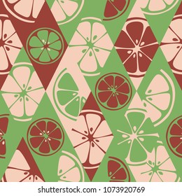 Geometric seamless fresh fruits pattern on colorful rhombus background. Abstract set of bright fresh citrus slices of orange, grapefruit, lemon. Vector illustration use for package, print textile.