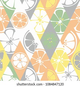 Geometric seamless fresh fruits pattern on colorful rhombus background. Abstract set of bright fresh citrus slices of orange, grapefruit, lemon, lime. Vector 10 EPS use for package, print textile, web