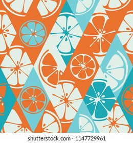 Geometric seamless fresh fruits pattern on colorful rhombs background. Abstract set of bright fresh citrus slices of orange, grapefruit, lemon, lime. Vector 10 EPS use for package, print textile, web.