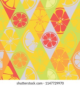 Geometric seamless fresh fruits pattern on colorful rhombs background. Abstract set of bright fresh citrus slices of orange, grapefruit, lemon, lime. Vector 10 EPS use for package, print textile, web.