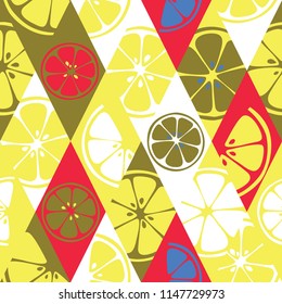 Geometric seamless fresh fruits pattern on colorful rhombs background. Abstract set of bright fresh citrus slices of orange, grapefruit, lemon, lime. Vector 10 EPS use for package, print textile, web.