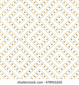 Geometric seamless gold glitter pattern of diagonal lines and circle, abstract background of golden shiny stripes and points, hand drawn vector for invitation, card, wedding, web, party, gold texture