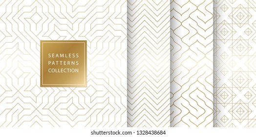 Geometric seamless golden pattern background. Simple vector graphic white print. Repeating line abstract texture set. Minimalistic shapes. Stylish trellis square gold grid. Geometry web page fill