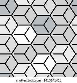 Geometric seamless gray shade vector pattern. Endless black and white isometric texture. Abstract wallpaper with cubes and squares.