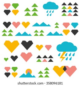 Geometric seamless hearts, clouds, rain drops, mountains, triangles vector pattern (background, texture). For curtains, kids room, kindergarden or any kind of kid's textile design.