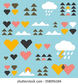 Geometric seamless hearts, clouds, rain drops, mountains, triangles vector pattern (background, texture). For curtains, kids room, kindergarden or any kind of kid's textile design.