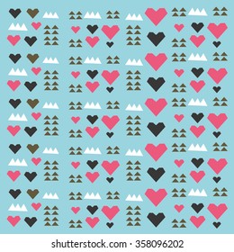 Geometric seamless hearts, clouds, rain drops, mountains, triangles vector pattern (background, texture). For curtains, kids room, kindergarden or any kind of kid's textile design.