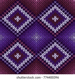 Geometric seamless knitted ornamental vector pattern mainly in magenta and violet hues as a fabric texture