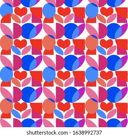 Geometric seamless minimalistic pattern at bauhaus style with simple shapes and hearts. st. Valentine's day concept.