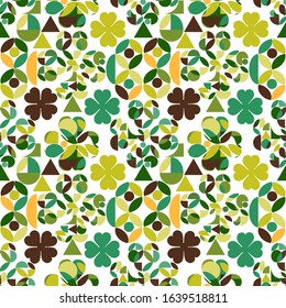 Geometric seamless minimalistic pattern at bauhaus style with simple shapes and clovers. st. Patrick's day concept.