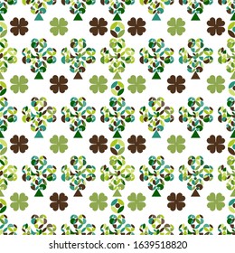 Geometric seamless minimalistic pattern at bauhaus style with simple shapes and clovers. st. Patrick's day concept.