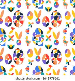 Geometric seamless minimalistic pattern at bauhaus style with simple shapes,eggs and birds. Easter concept.