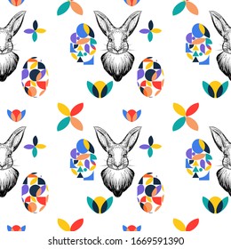 Geometric seamless minimalistic pattern at bauhaus style with simple shapes,eggs and rabbit. Easter concept.