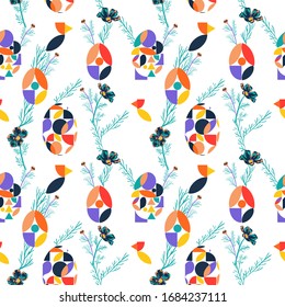 Geometric seamless minimalistic pattern at bauhaus style with simple shapes,eggs, birds and flowers. Easter concept.