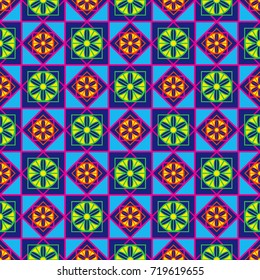 Geometric seamless multicolor vector pattern with stylized flowers, lines and circles